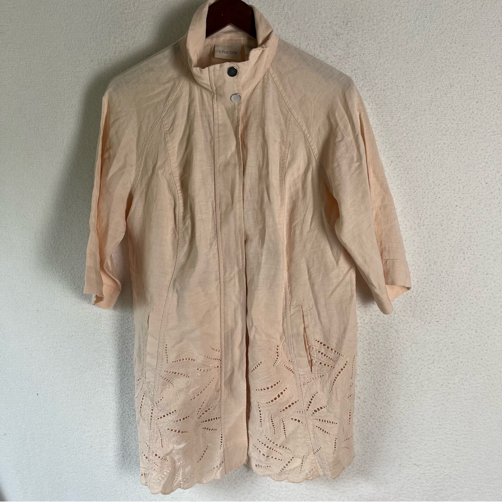 Chicos 100% Linen Jacket women’s 2 peach 3/4 sleeve eyelet with pockets zip coat